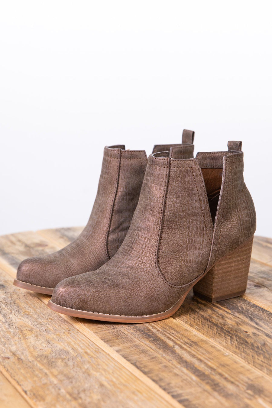 Bronze Snakeskin Texture Booties - Filly Flair