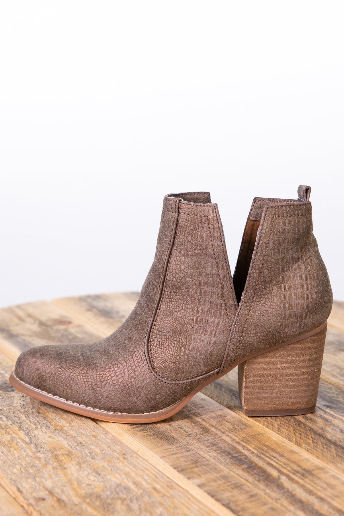 Bronze Snakeskin Texture Booties - Filly Flair