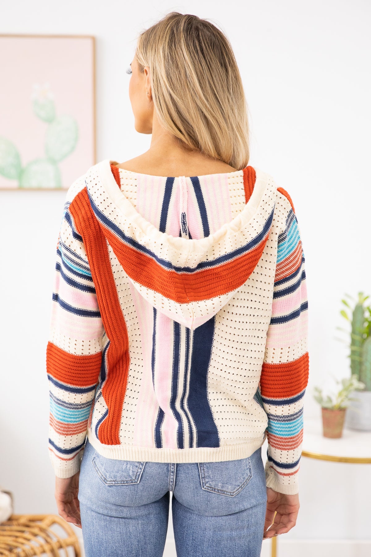 Cream Multicolor Stripe Hooded Top with Pocket - Filly Flair