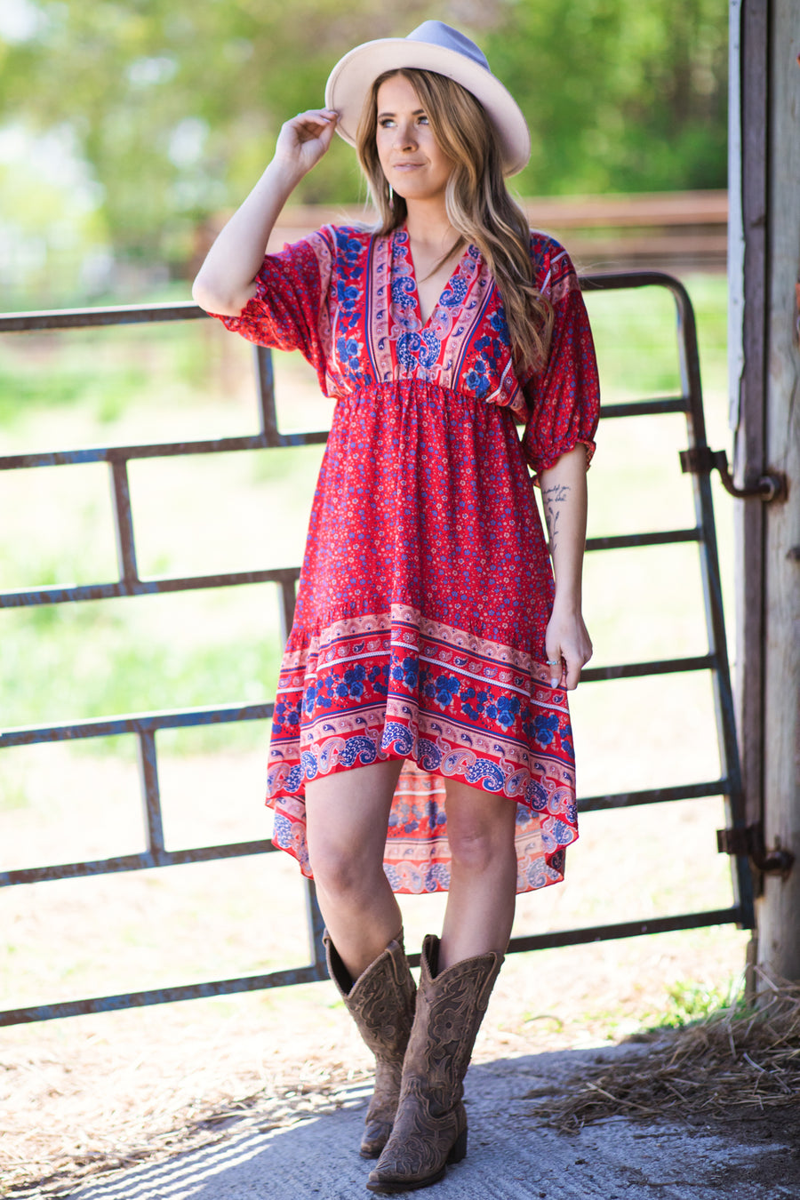 Red Multicolor Border Boho Print Dress - Filly Flair