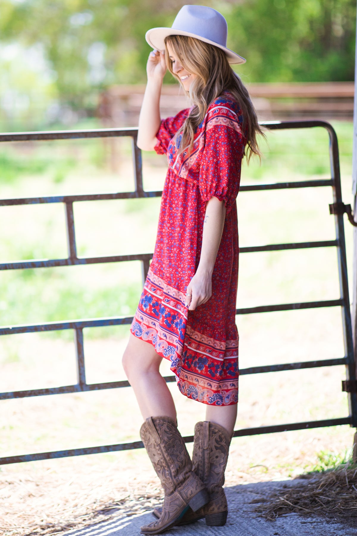 Red Multicolor Border Boho Print Dress - Filly Flair