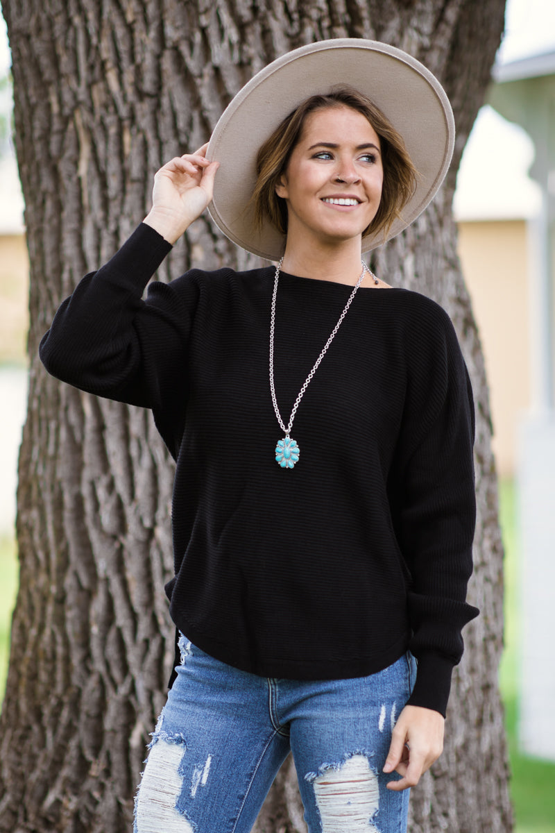 Black Horizontal Rib Knit Textured Top - Filly Flair