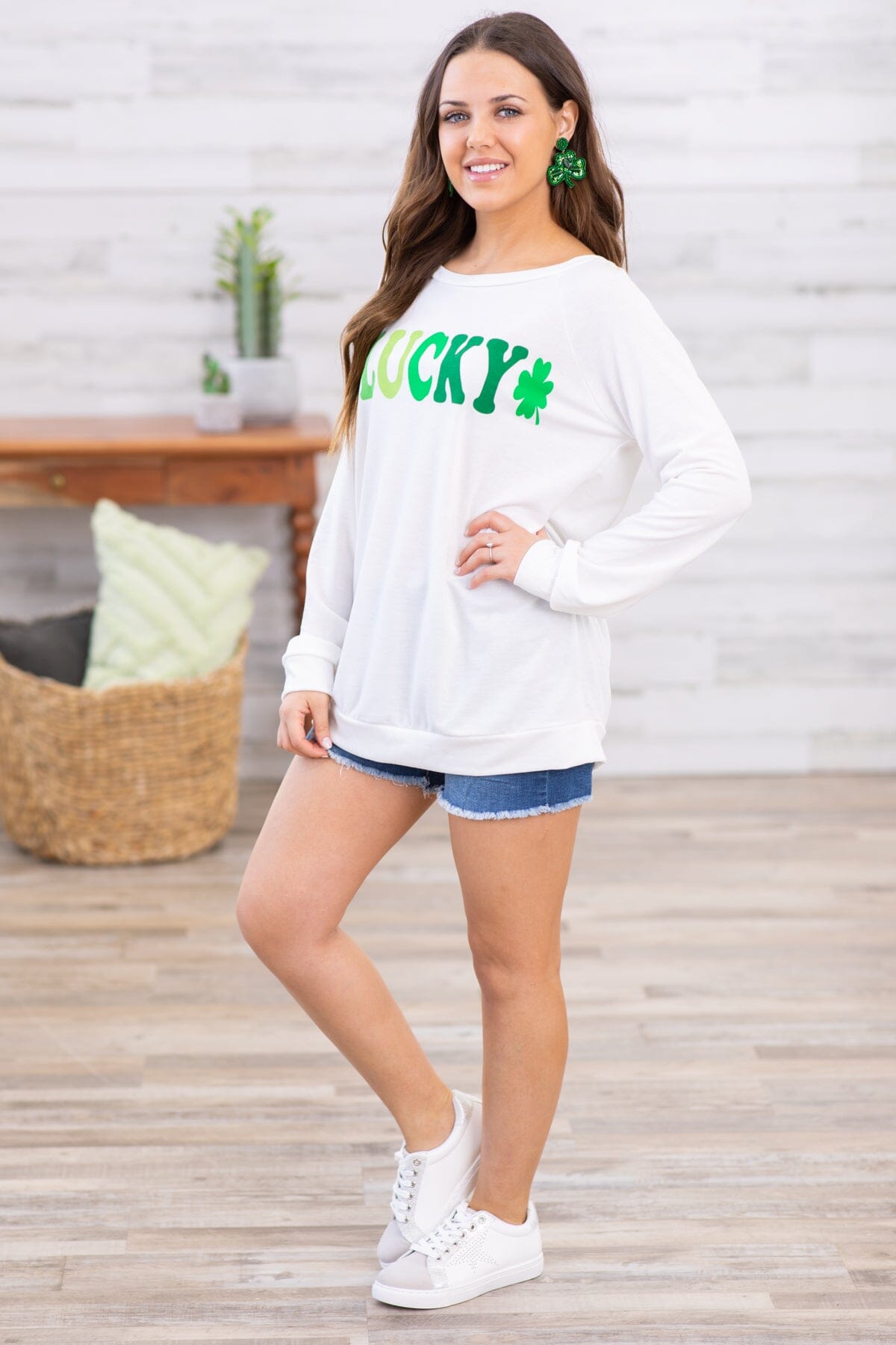 Off White and Green Lucky Graphic Long Sleeve - Filly Flair