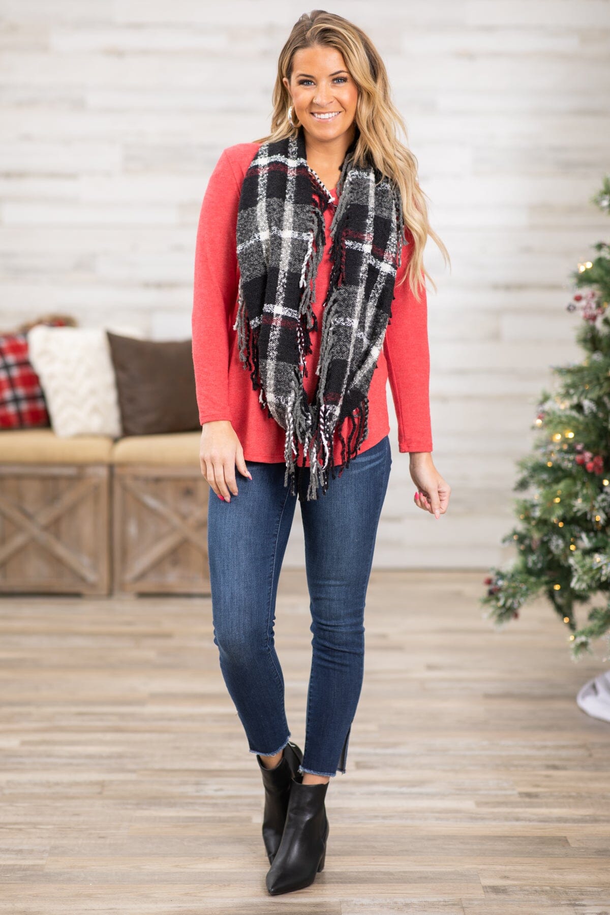 Red Top and Plaid Infinity Scarf Bundle - Filly Flair