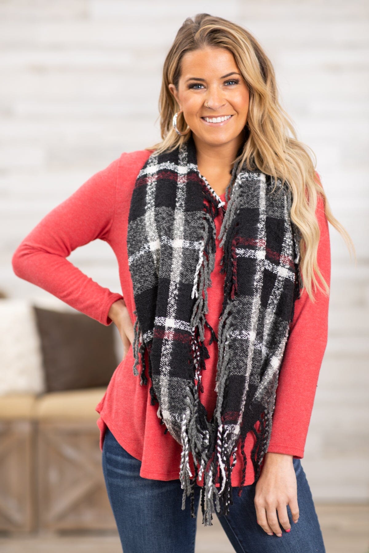Red Top and Plaid Infinity Scarf Bundle - Filly Flair