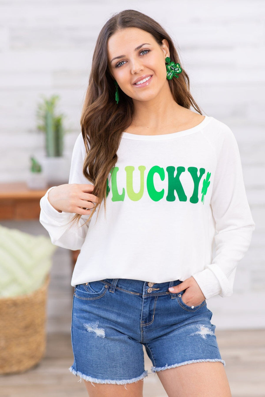 Off White and Green Lucky Graphic Long Sleeve - Filly Flair