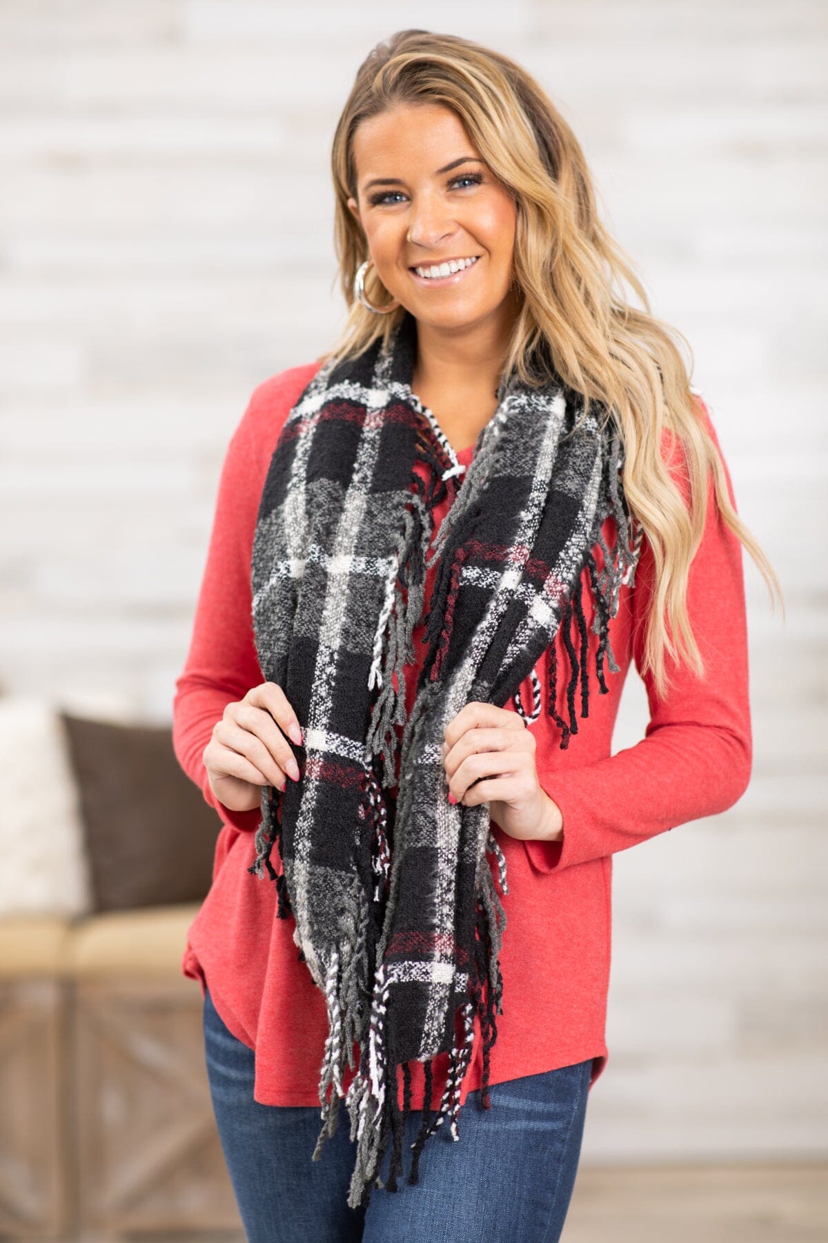 Red Top and Plaid Infinity Scarf Bundle - Filly Flair