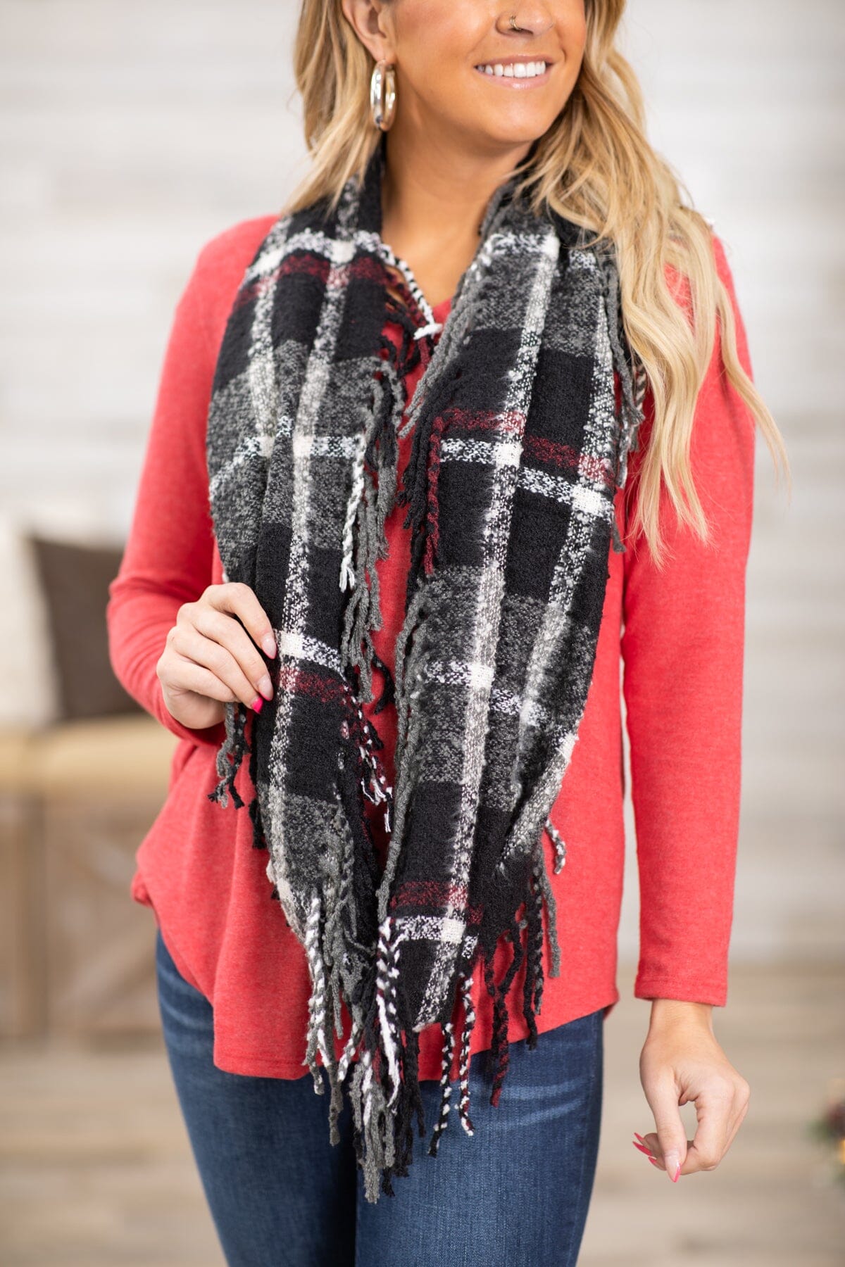 Red Top and Plaid Infinity Scarf Bundle - Filly Flair