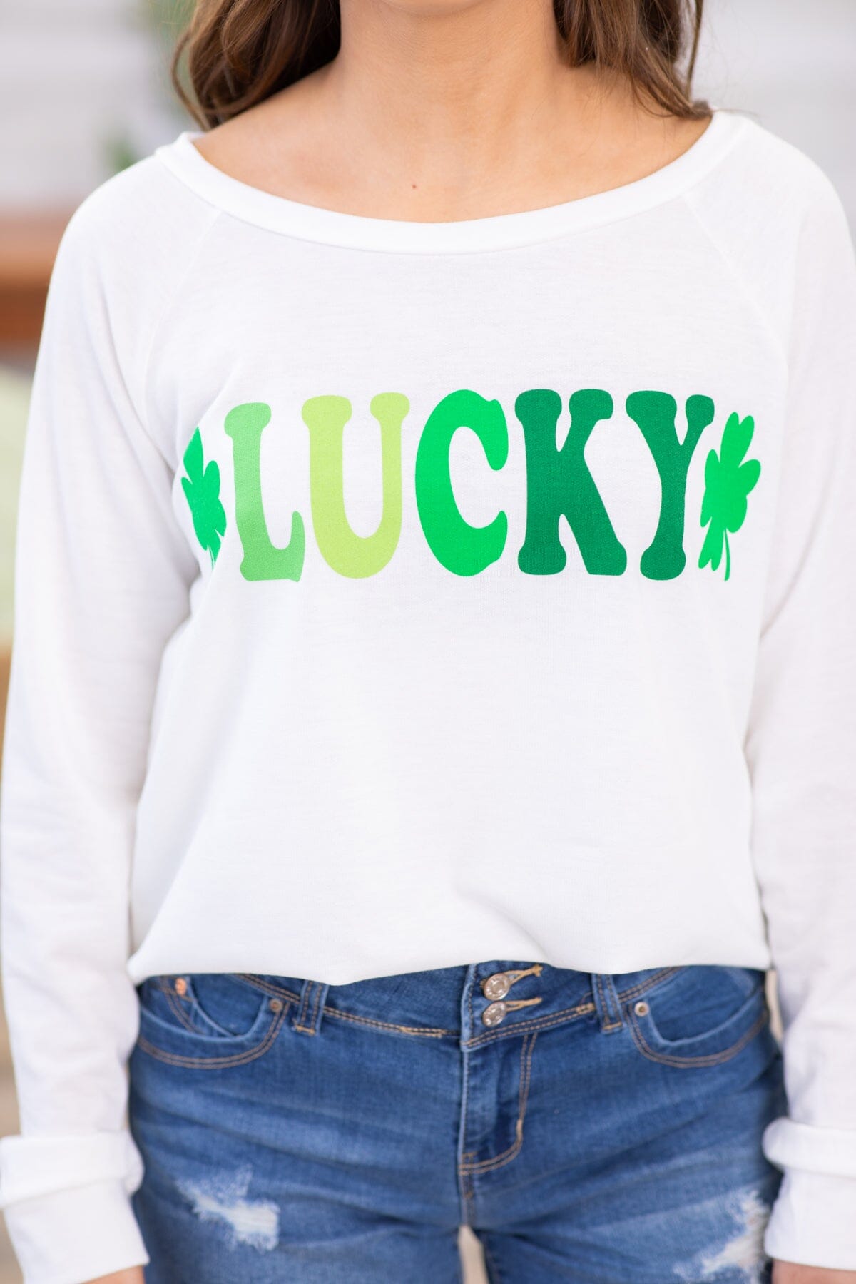 Off White and Green Lucky Graphic Long Sleeve - Filly Flair