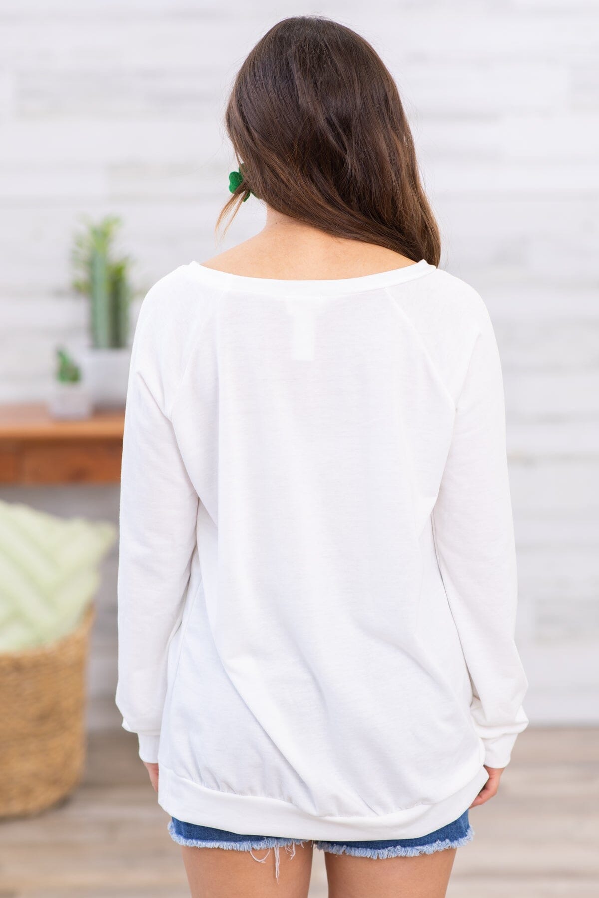 Off White and Green Lucky Graphic Long Sleeve - Filly Flair