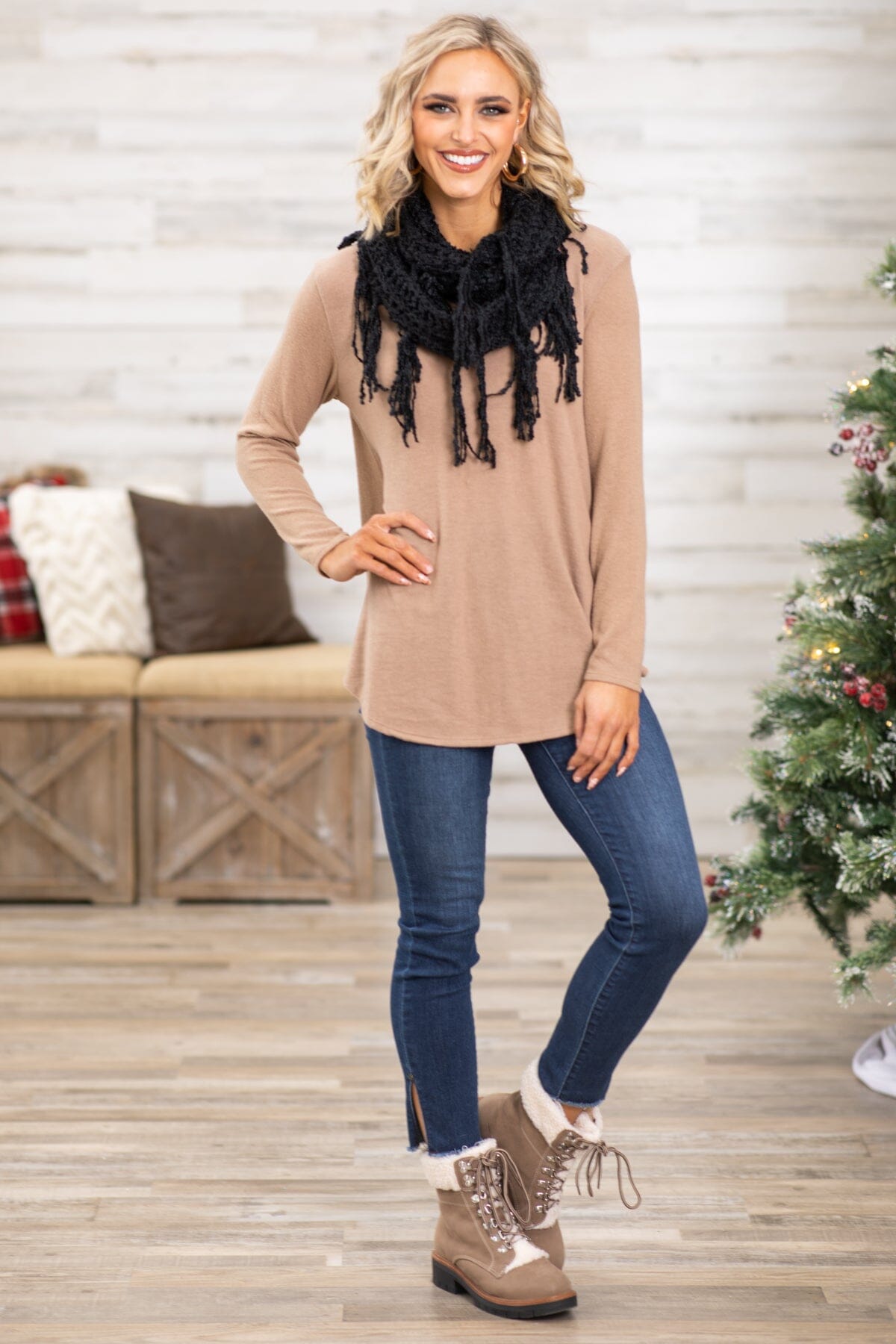 Taupe Top and Black Infinity Scarf Bundle - Filly Flair