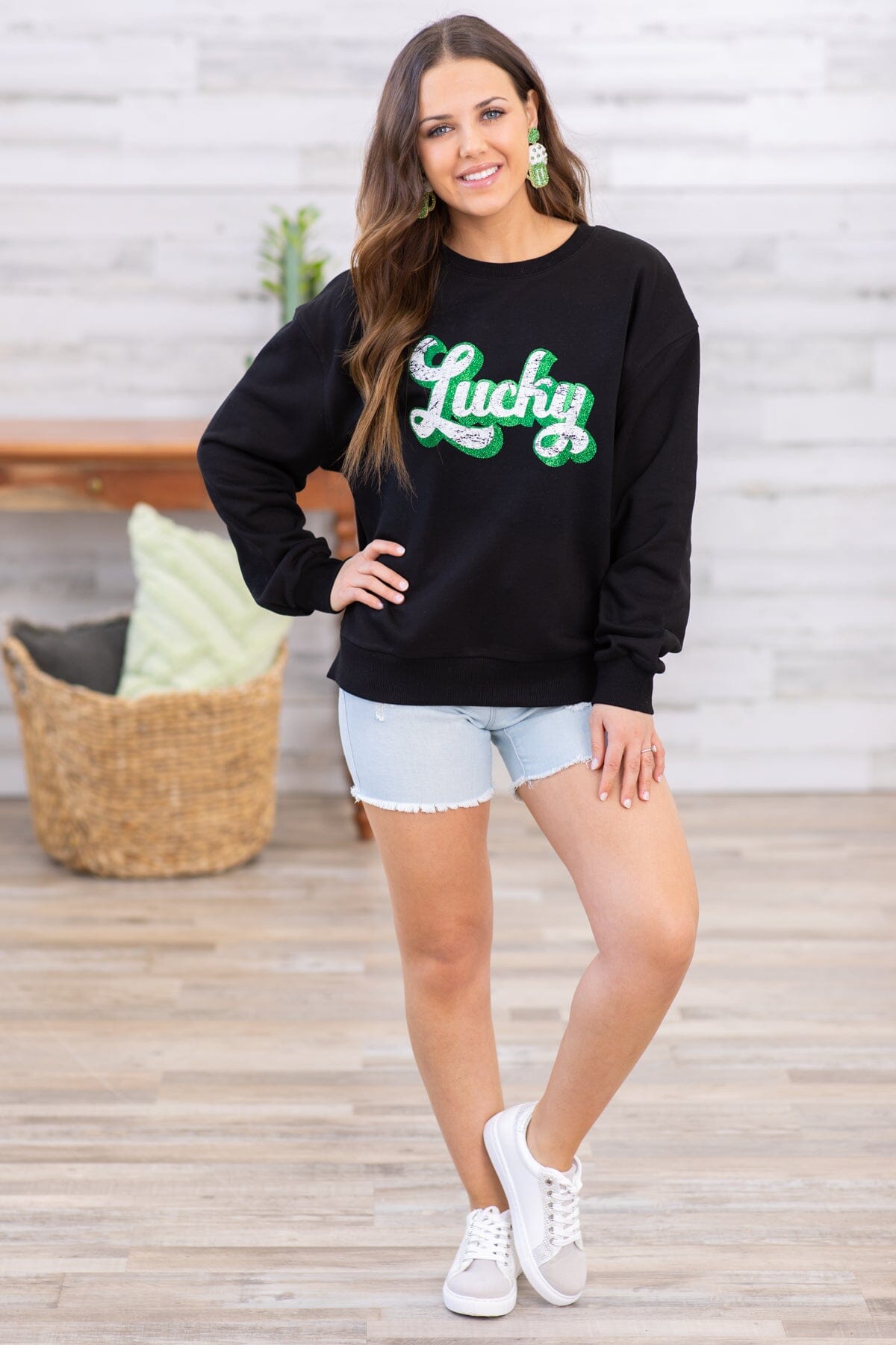 Black Glitter Lucky Graphic Sweatshirt - Filly Flair