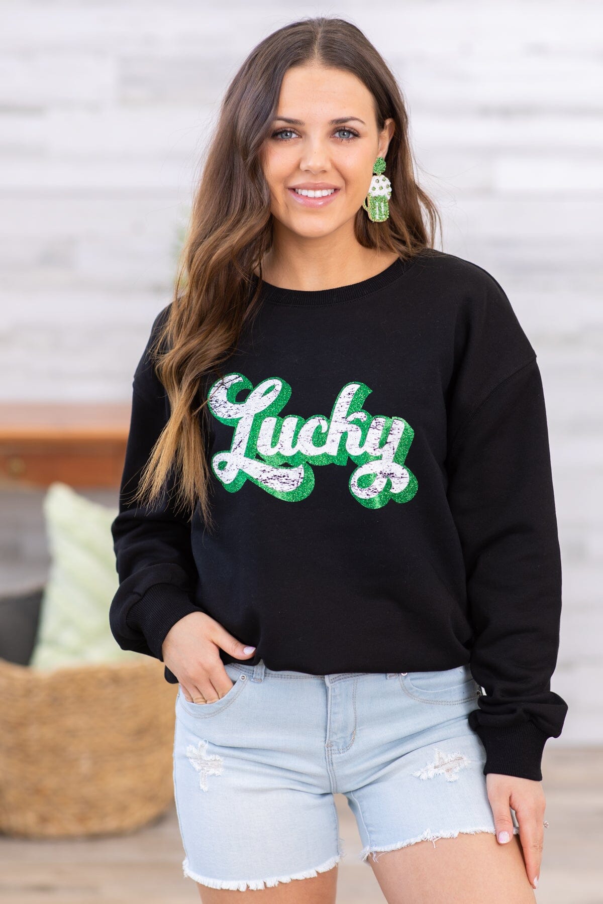 Black Glitter Lucky Graphic Sweatshirt - Filly Flair