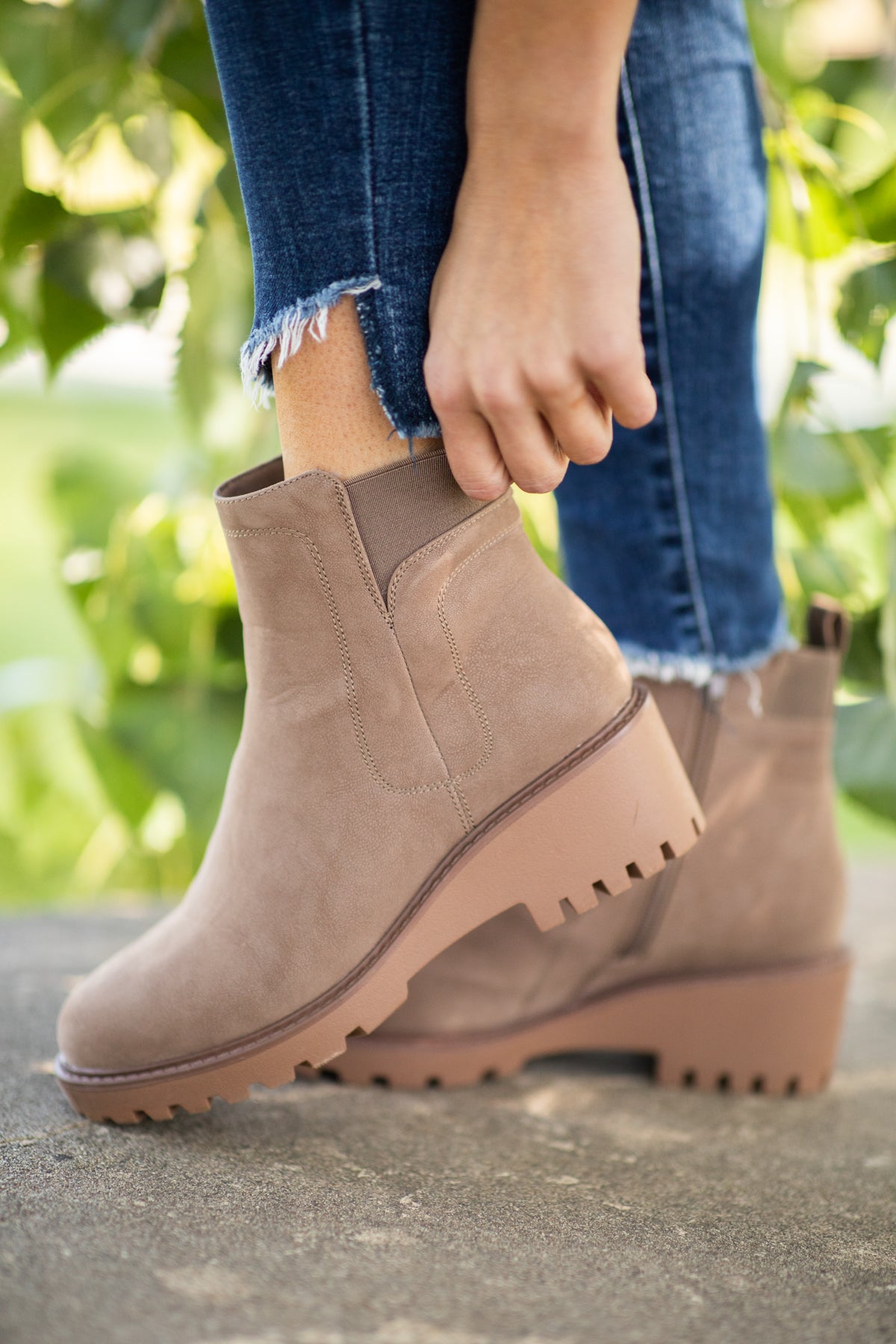 Taupe Wedge Bootie With Side Zip - Filly Flair