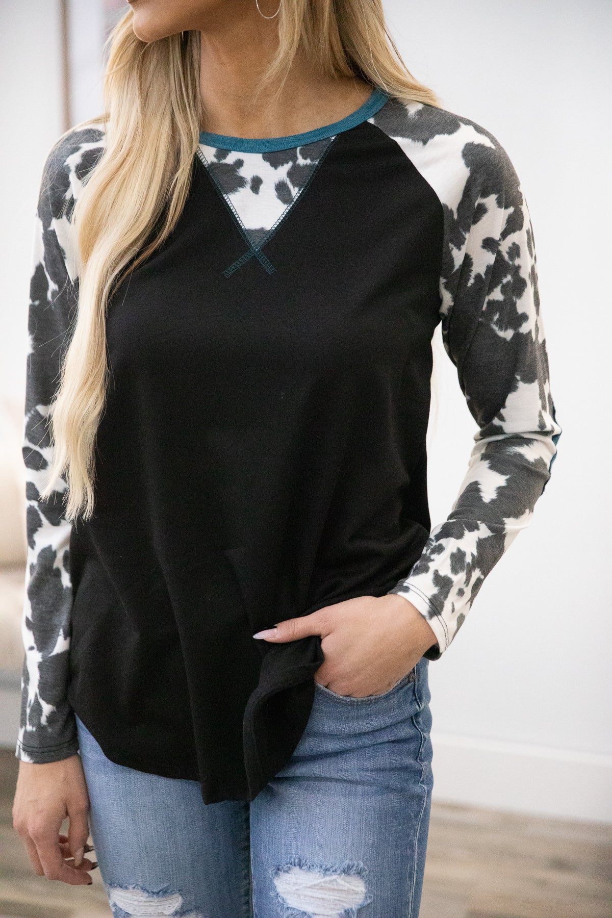 Black Cow Print Sleeve Top with Elbow Patches - Filly Flair