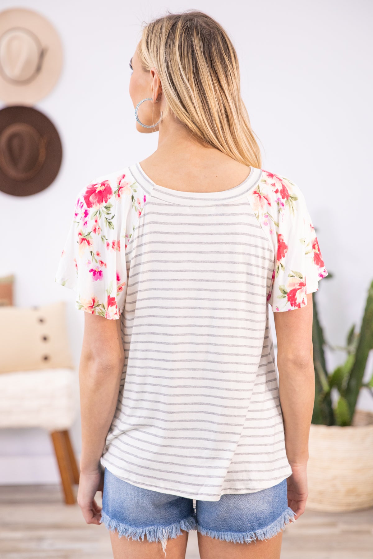 Ivory Striped Knot Front Floral Sleeve Top - Filly Flair
