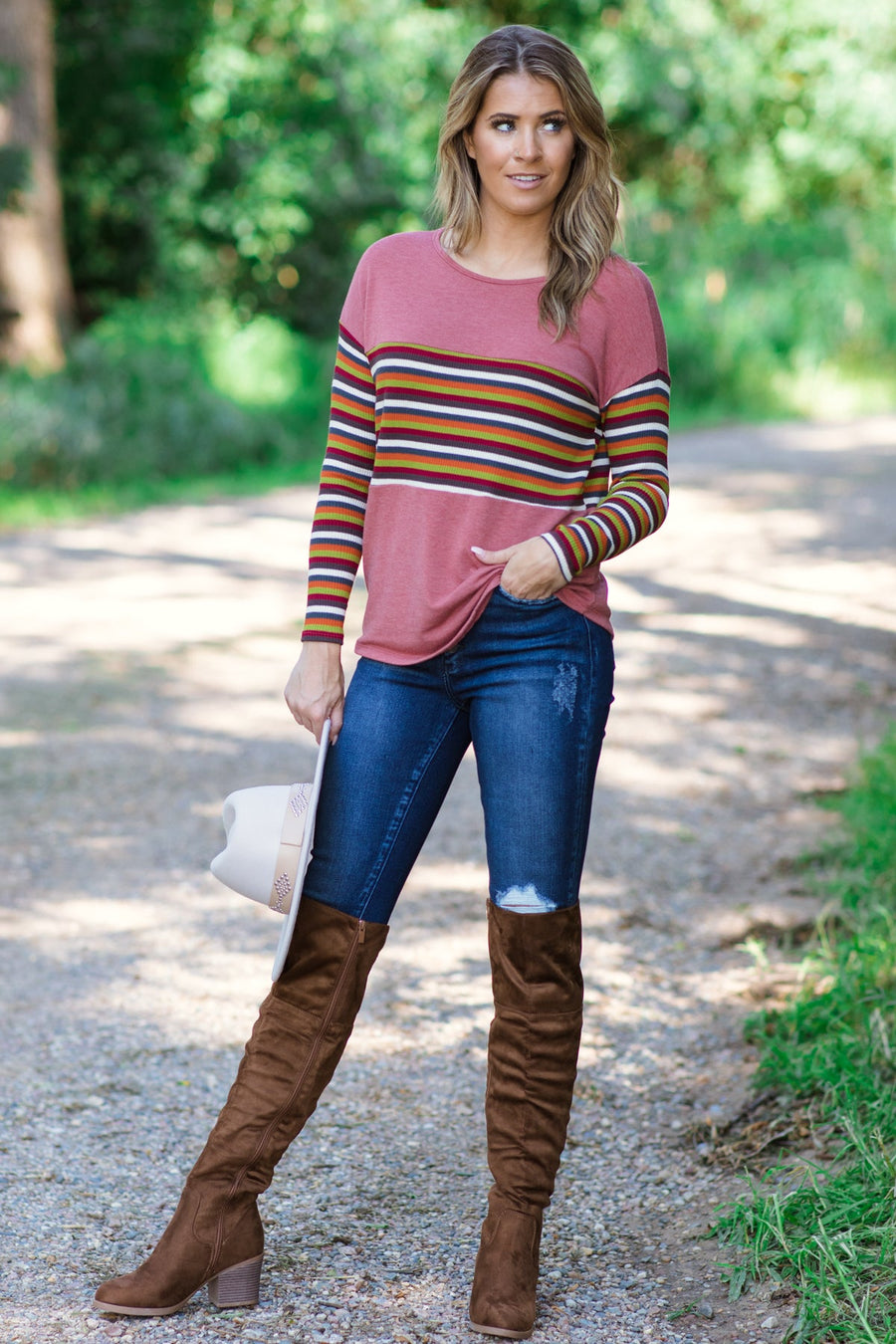 Wine Multicolor Stripe Detail Top - Filly Flair