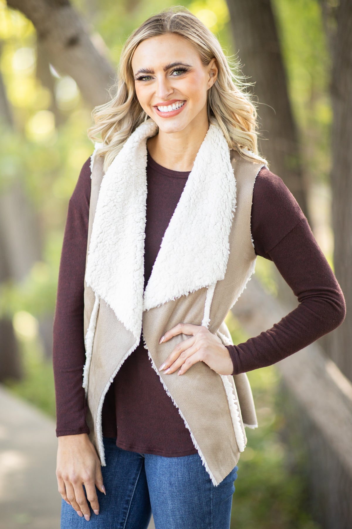 Tan Faux Suede Sherpa Lined Vest - Filly Flair