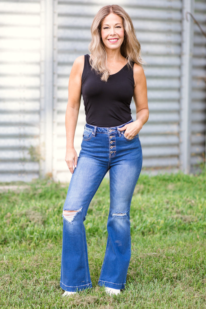 Kancan Petite Fit Button Fly Flare Jeans - Filly Flair