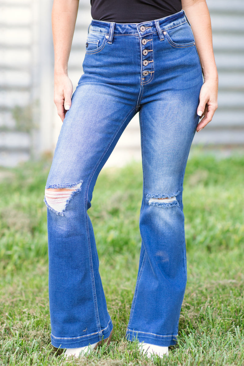 Kancan Petite Fit Button Fly Flare Jeans - Filly Flair