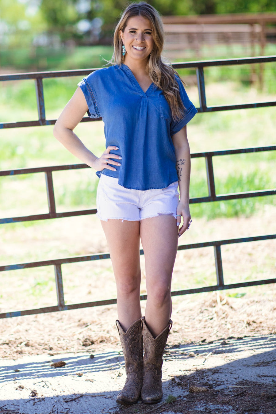 Dusty Blue Chambray V-Neck Top - Filly Flair