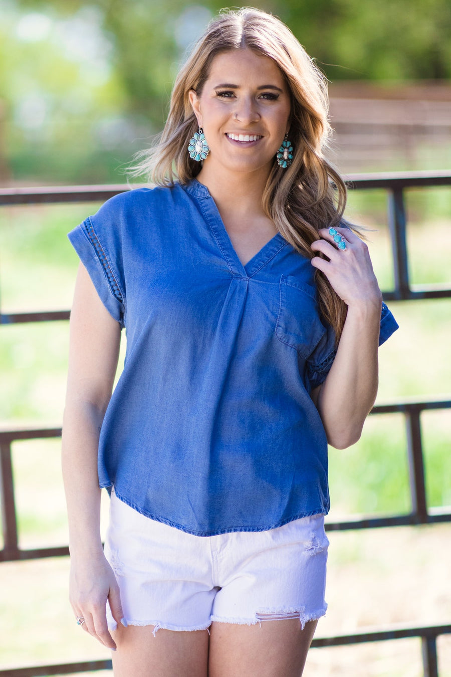 Dusty Blue Chambray V-Neck Top - Filly Flair