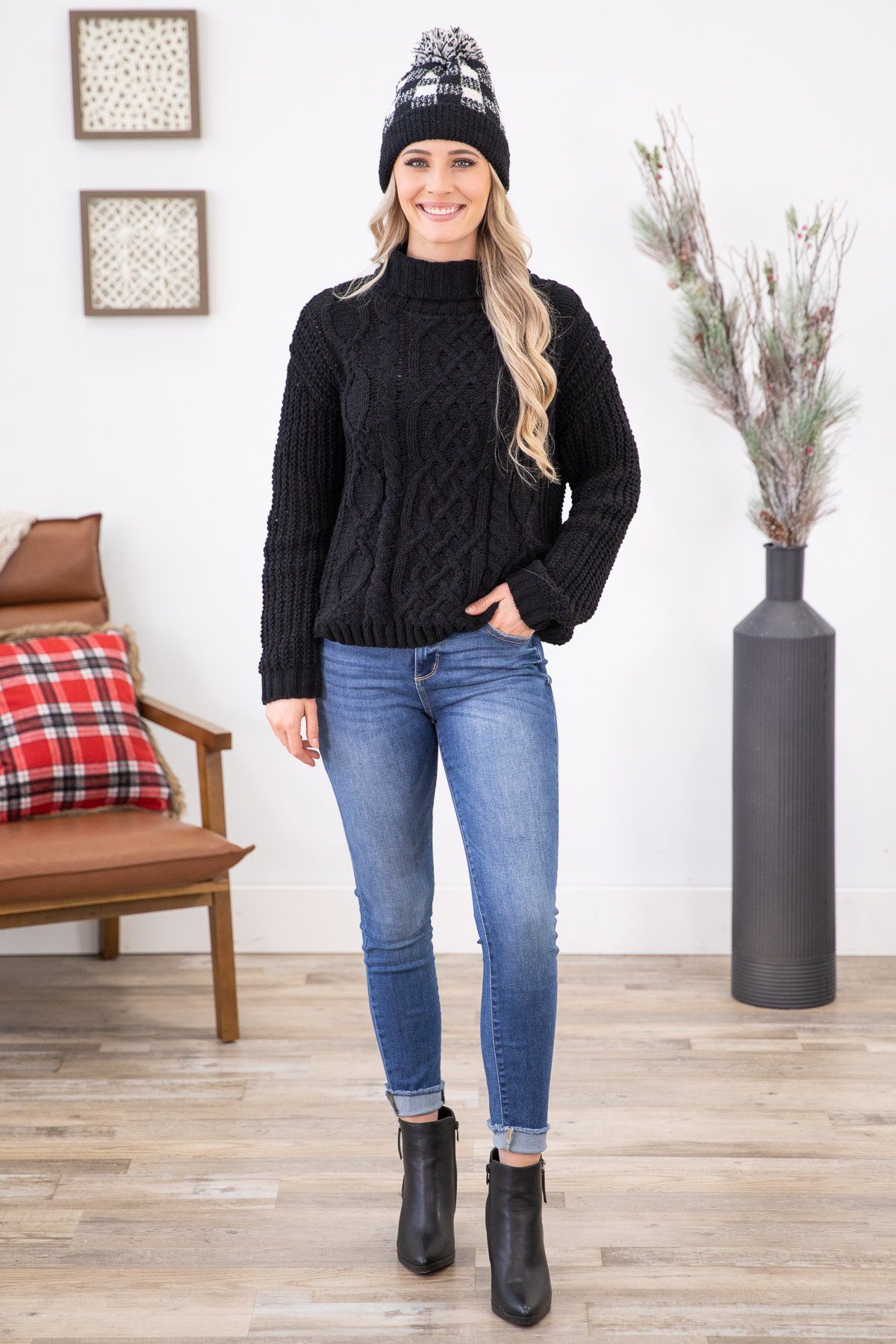 Black Turtle Neck Cable Knit Sweater - Filly Flair