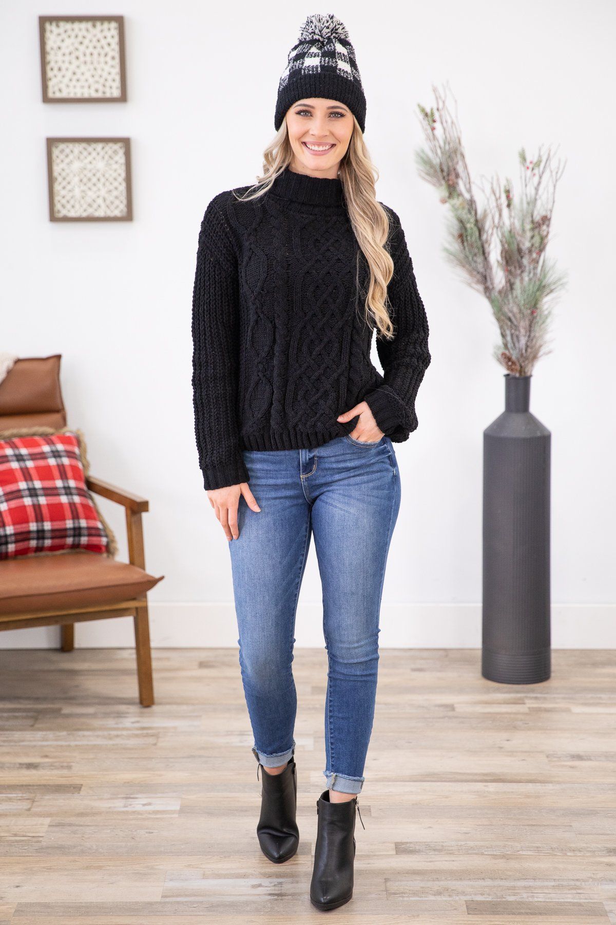 Black Turtle Neck Cable Knit Sweater - Filly Flair