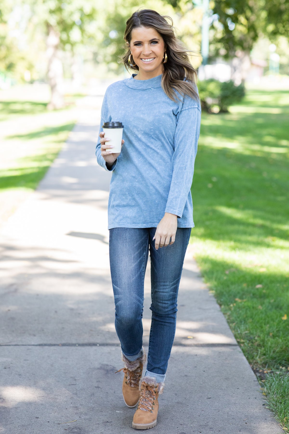 Blue Acid Wash Drop Shoulder Top - Filly Flair