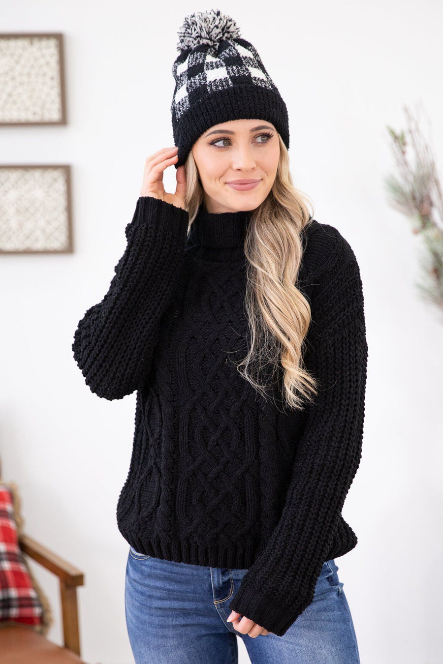 Black Turtle Neck Cable Knit Sweater - Filly Flair