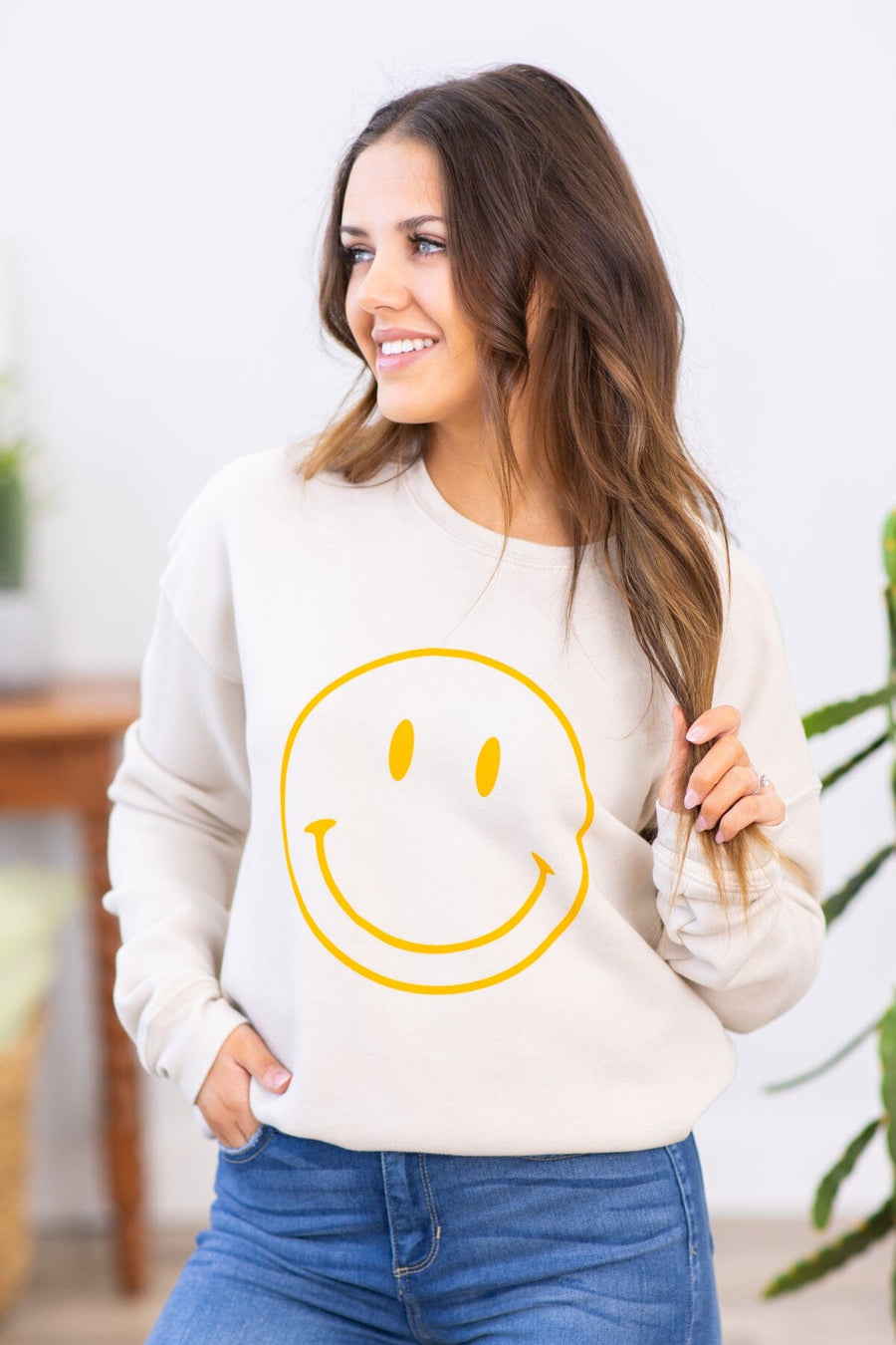 Beige and Mustard Smiley Graphic Sweatshirt - Filly Flair