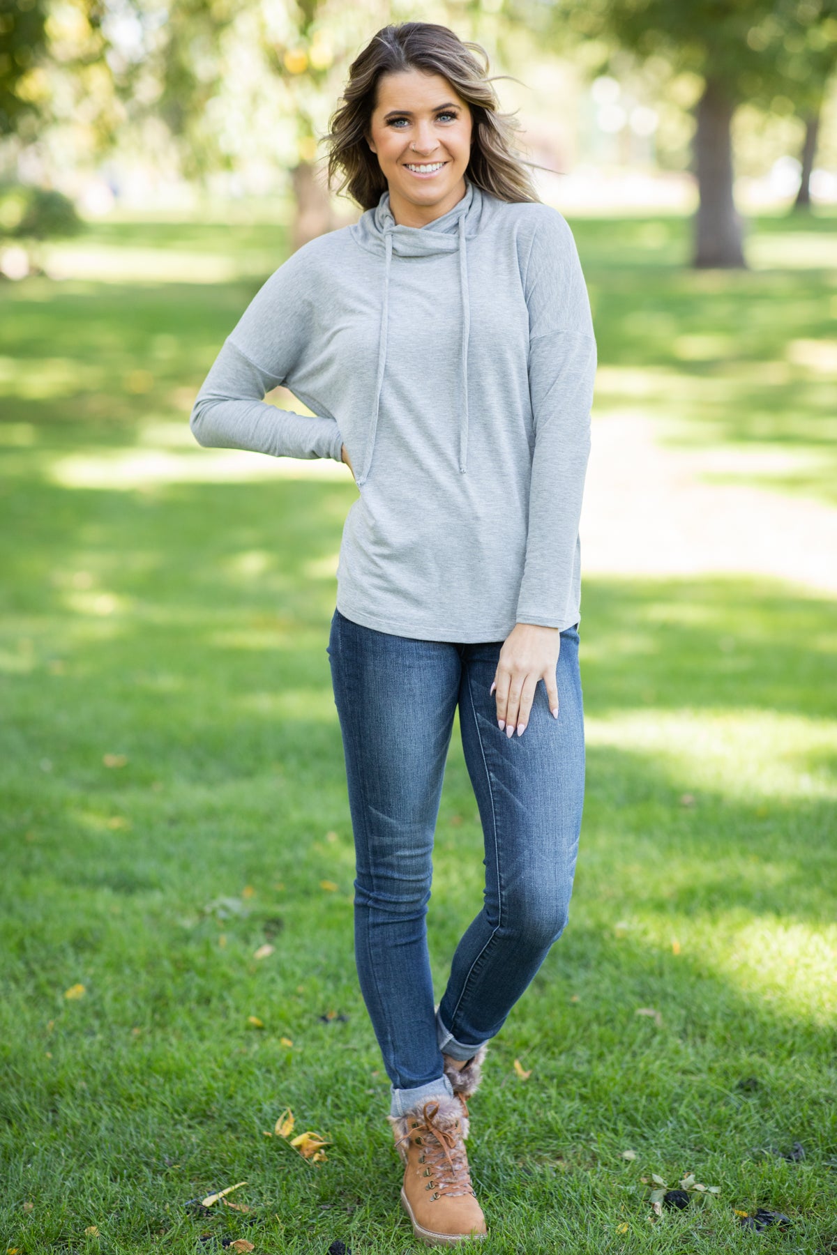 Grey Heathered Cowl Neck Top - Filly Flair