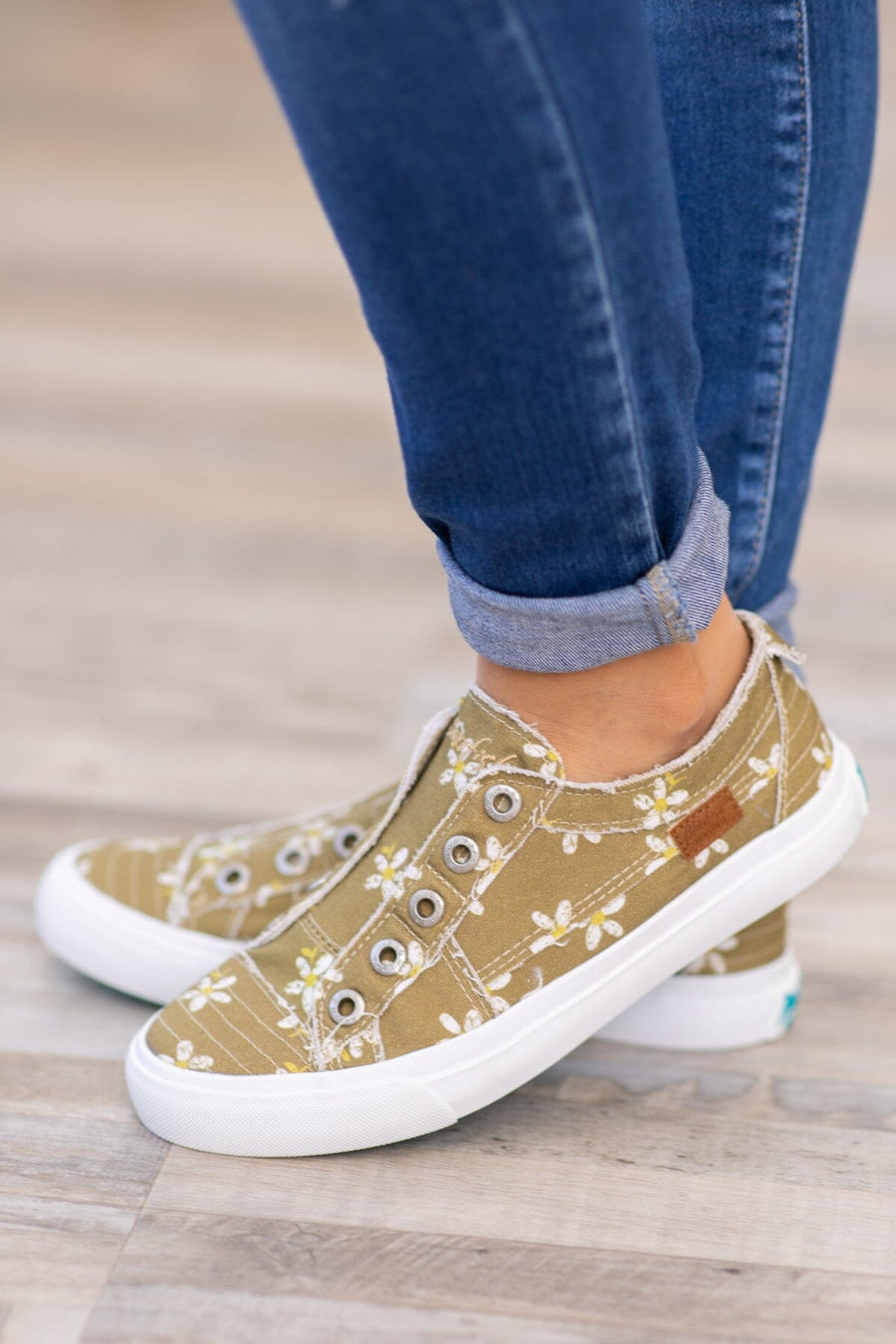 Light Olive Daisy Print Slip On Sneakers - Filly Flair