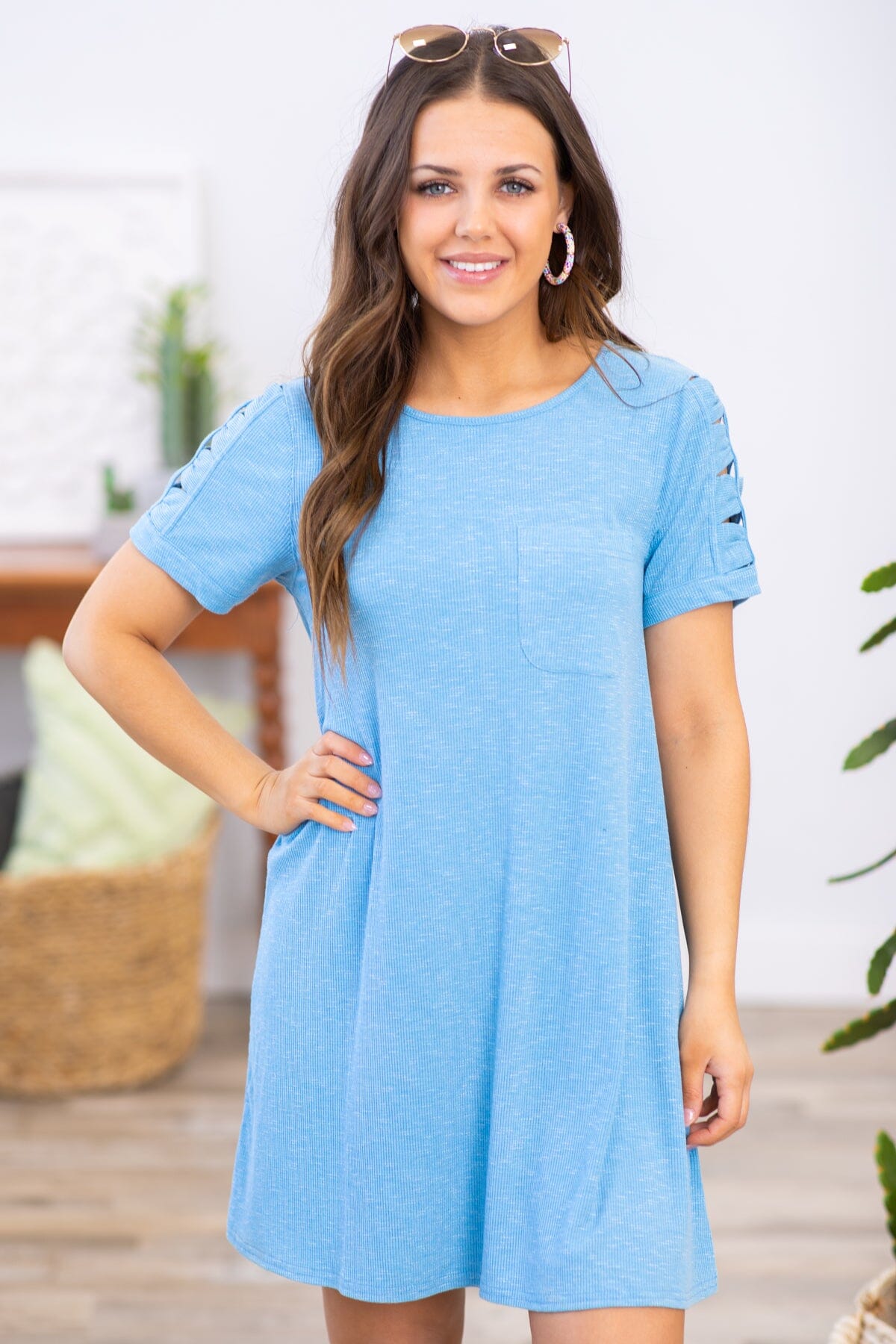 Pastel Blue Ladder Sleeve Knit T-Shirt Dress - Filly Flair