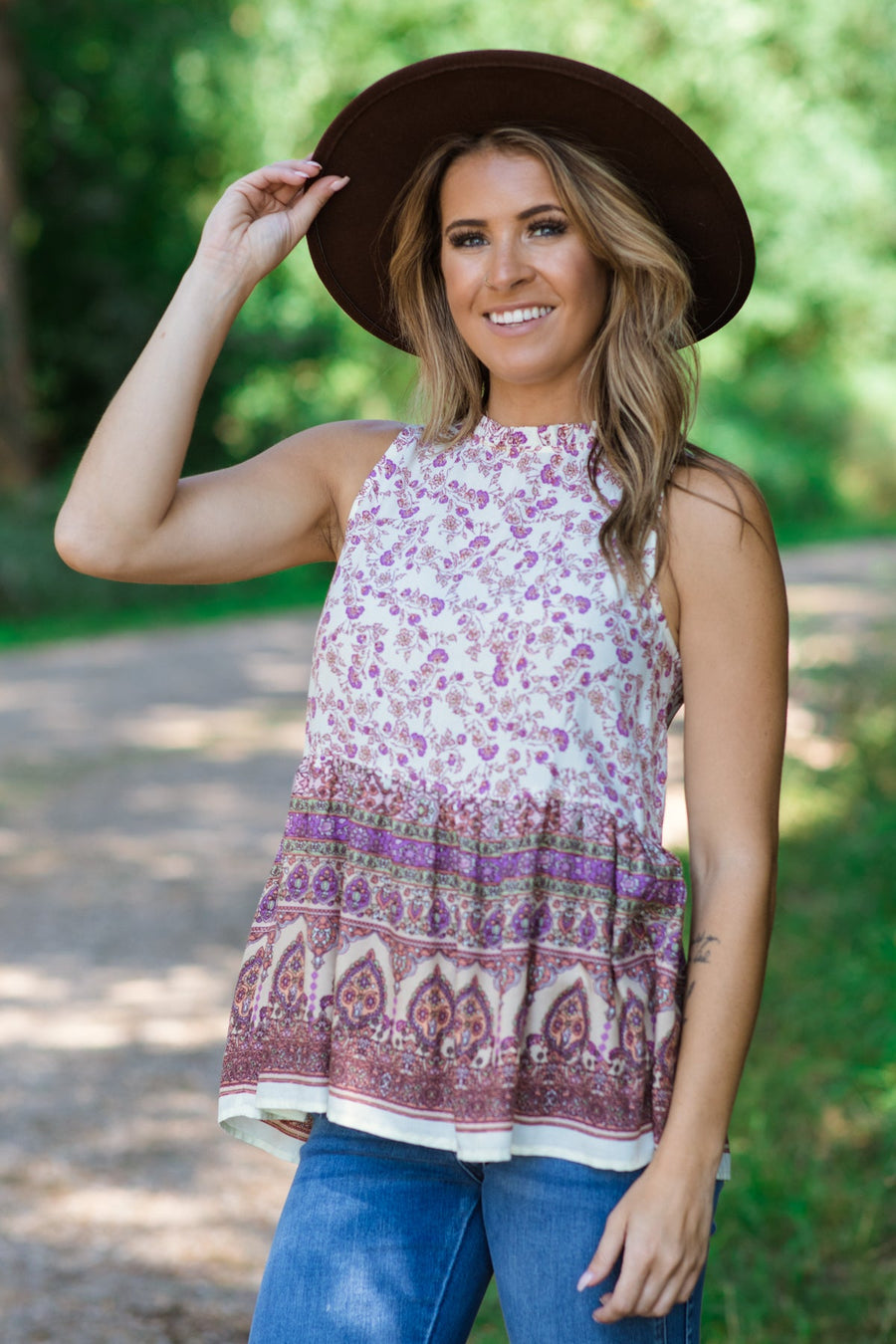Cream and Mauve Floral Border Print Tank - Filly Flair