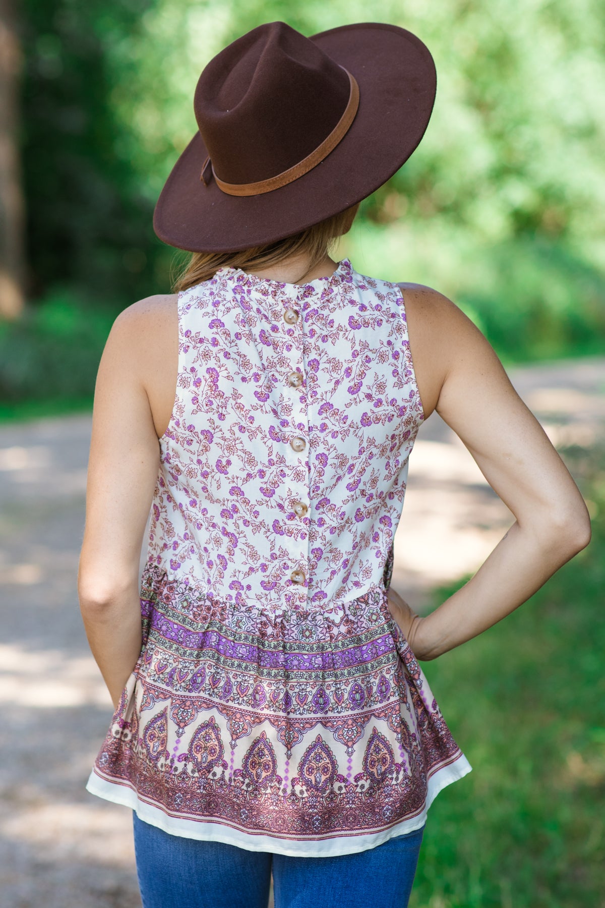 Cream and Mauve Floral Border Print Tank - Filly Flair