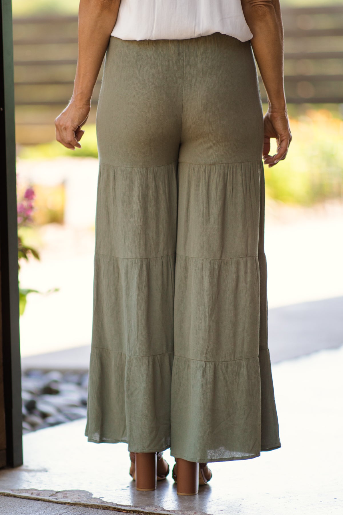 Olive Elastic Waist Tiered Wide Leg Pants - Filly Flair