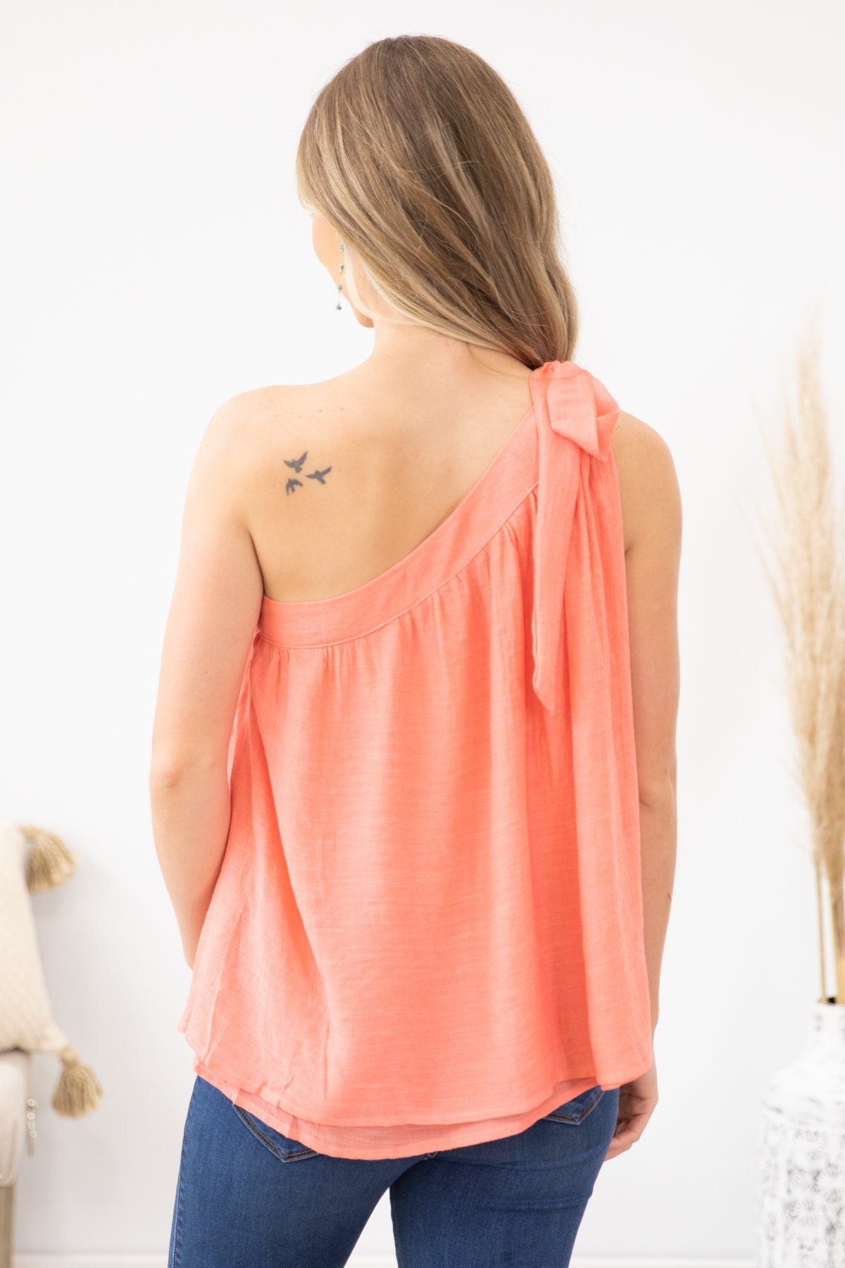 Coral Tied One Shoulder Banded Neckline Top - Filly Flair