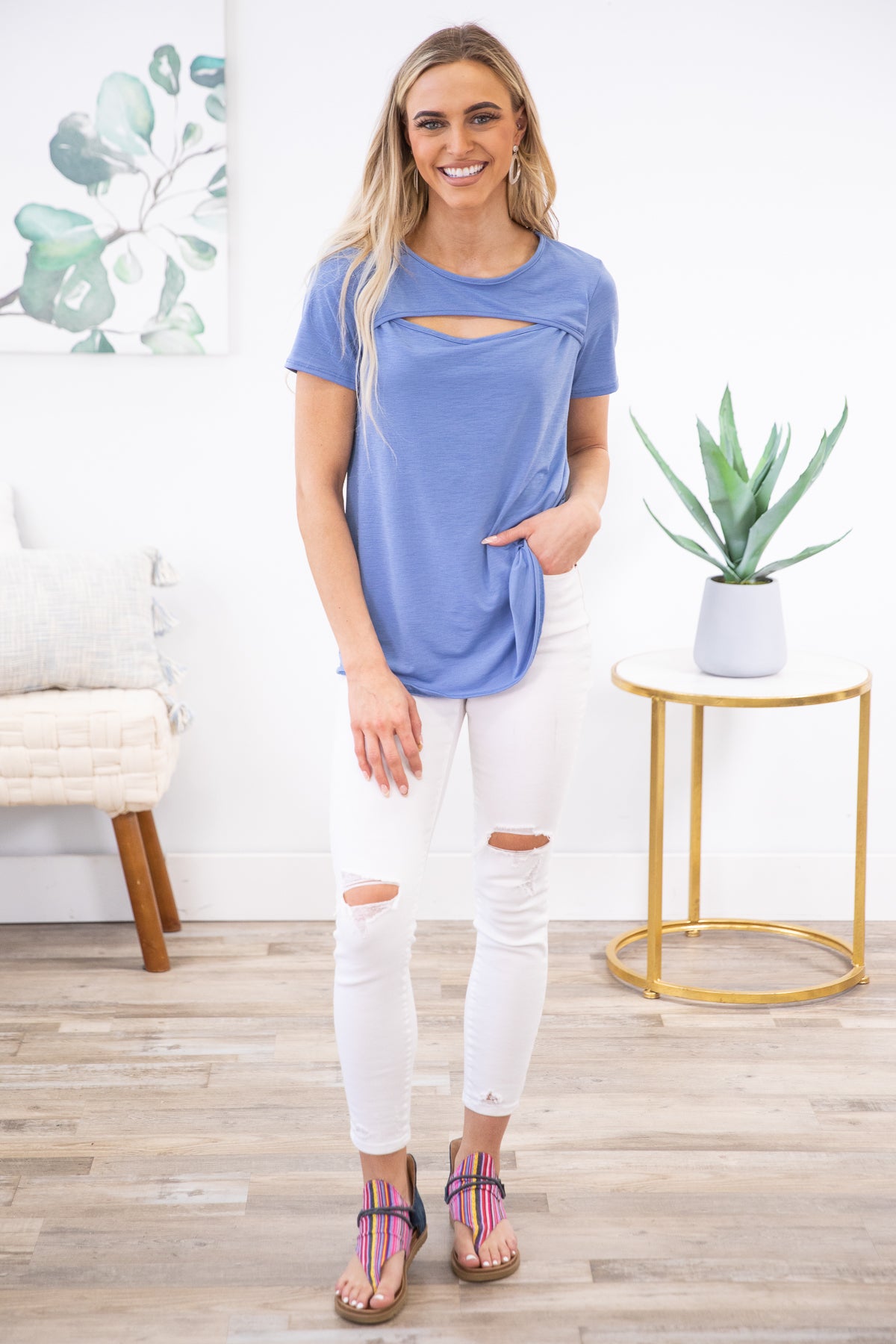 Dusty Blue Top with Keyhole Cutout - Filly Flair