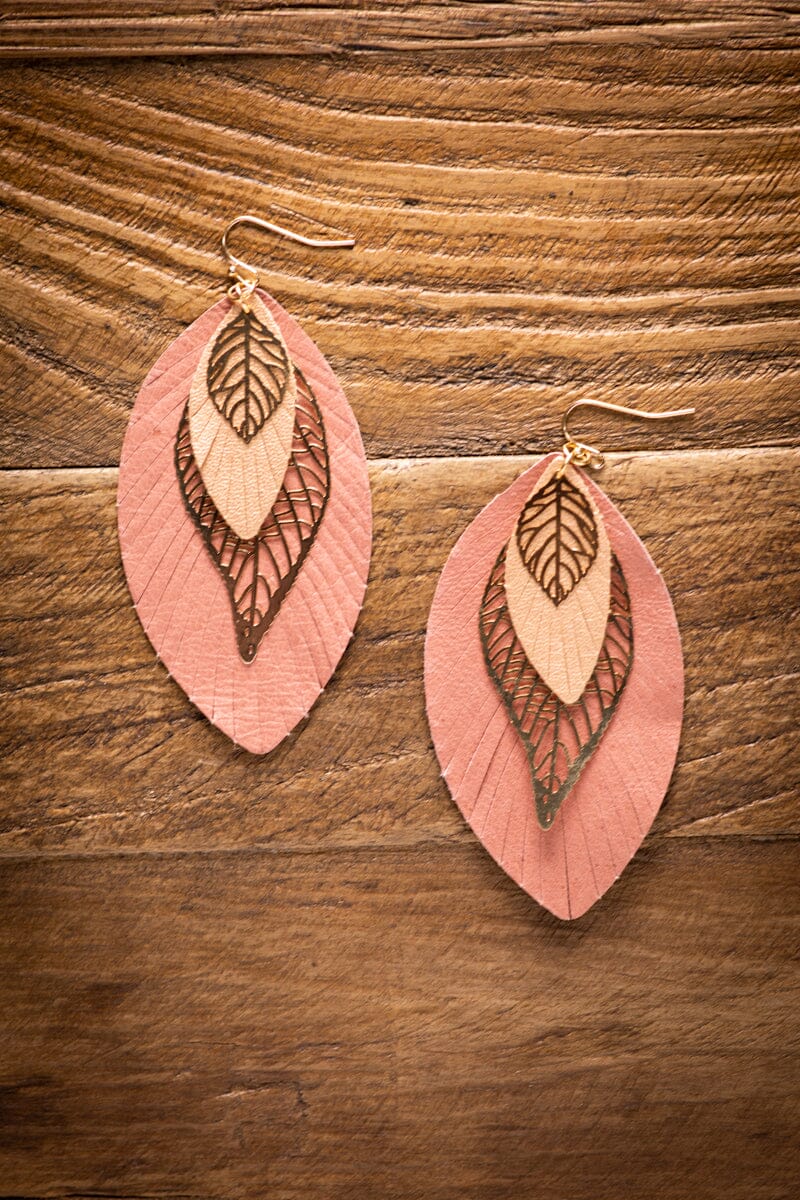 Dusty Rose and Gold Feather Shape Earrings - Filly Flair
