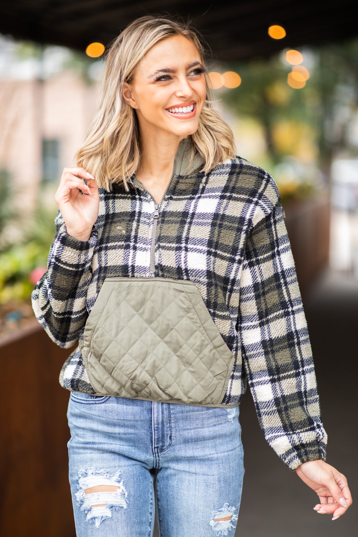 Olive and Black Plaid 1/4 Zip Hooded Pullover - Filly Flair