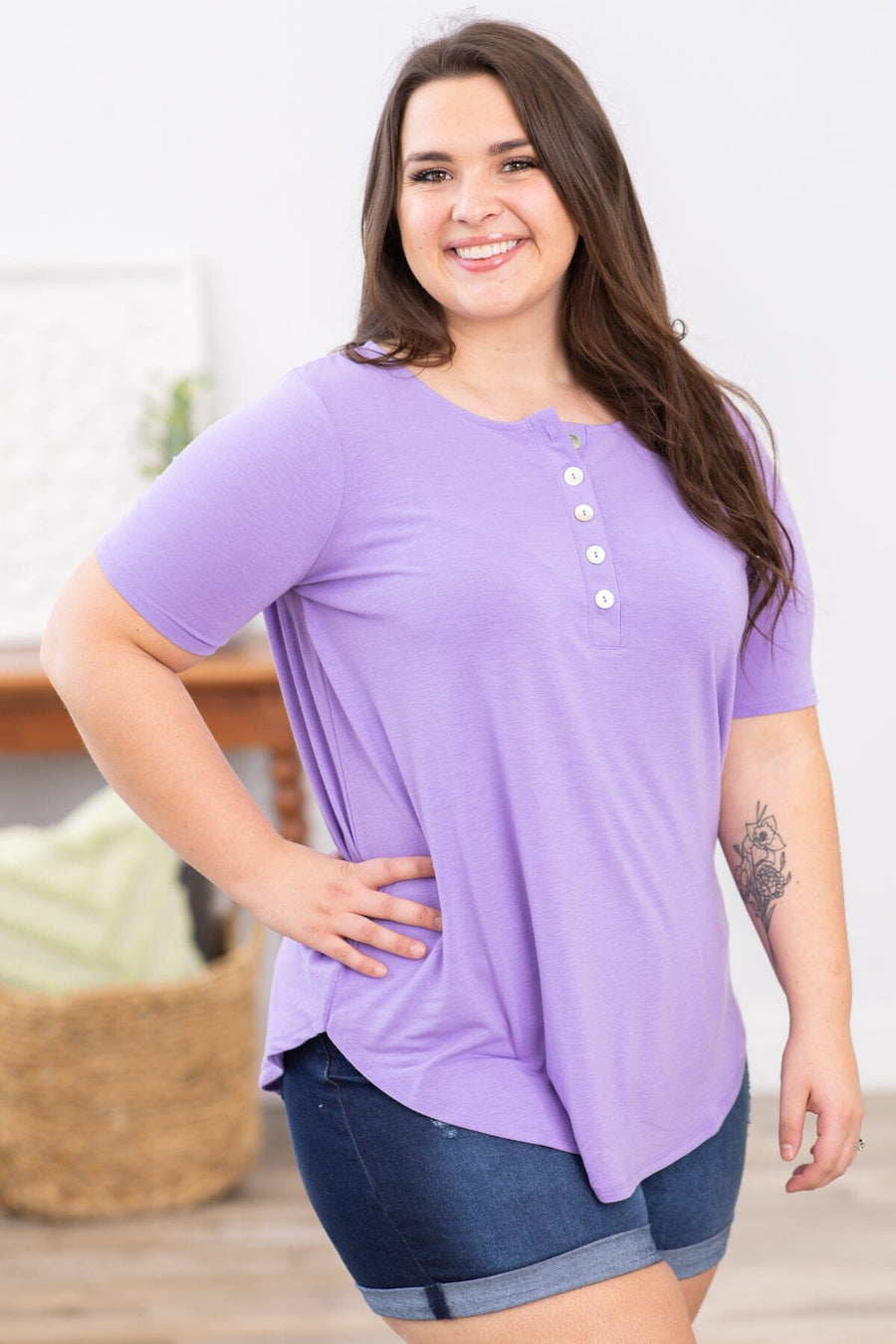 Lavender Short Sleeve Henley Top - Filly Flair