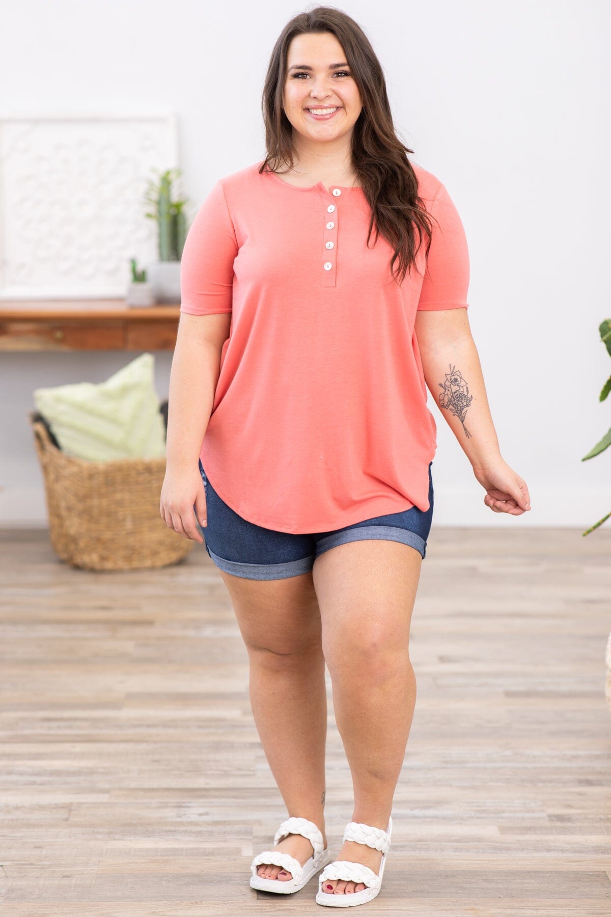 Coral Short Sleeve Henley Top - Filly Flair
