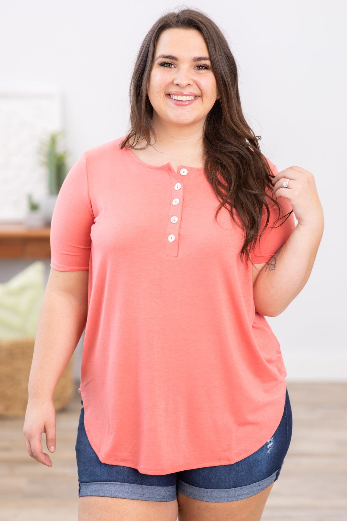 Coral Short Sleeve Henley Top - Filly Flair