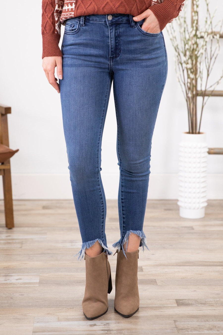 Cello Mid Rise Sharkbite Frayed Hem Jeans - Filly Flair