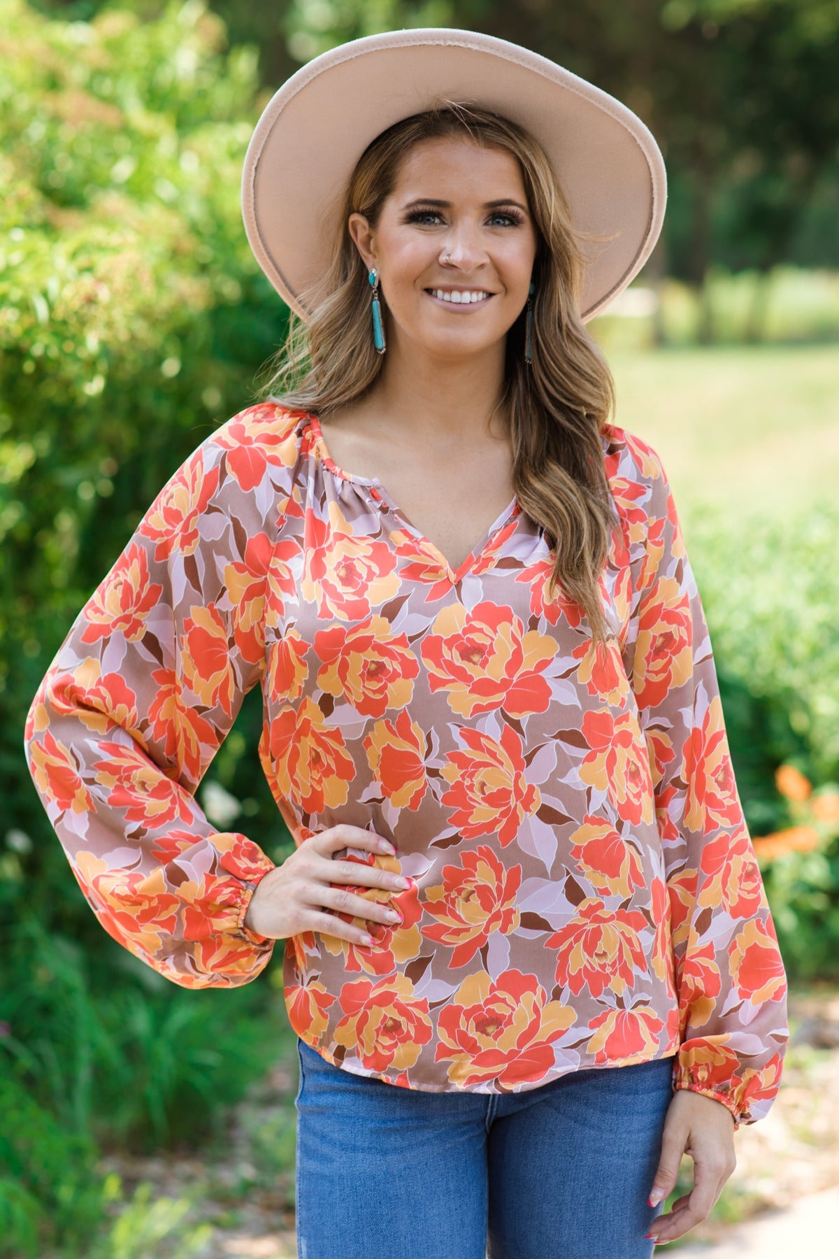 Orange and Taupe Floral Balloon Sleeve Top - Filly Flair