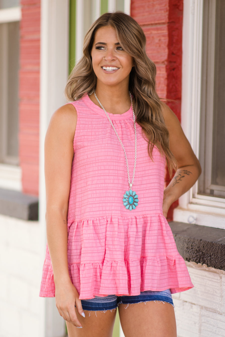Pink Textured Babydoll Tank - Filly Flair
