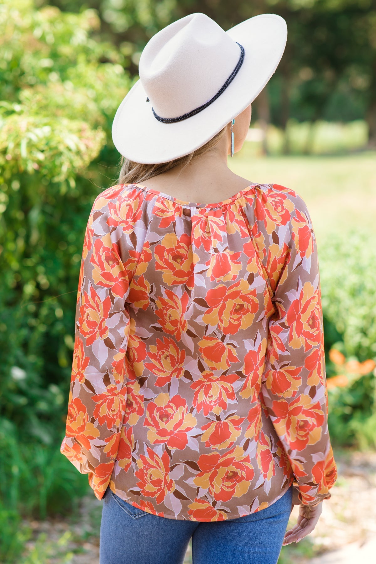 Orange and Taupe Floral Balloon Sleeve Top - Filly Flair