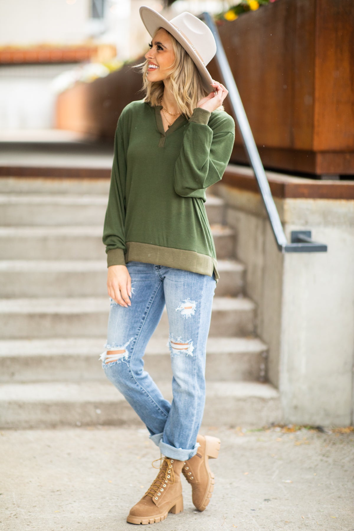 Olive Contrast Trim Notch Neck Top - Filly Flair