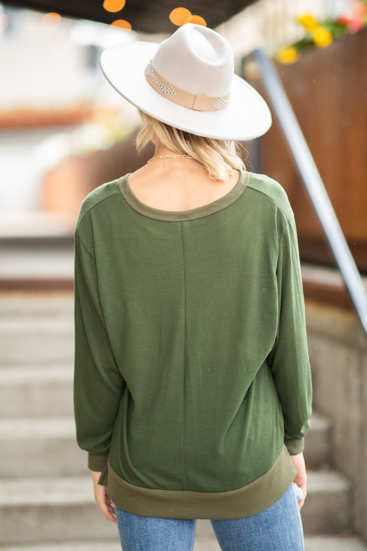 Olive Contrast Trim Notch Neck Top - Filly Flair